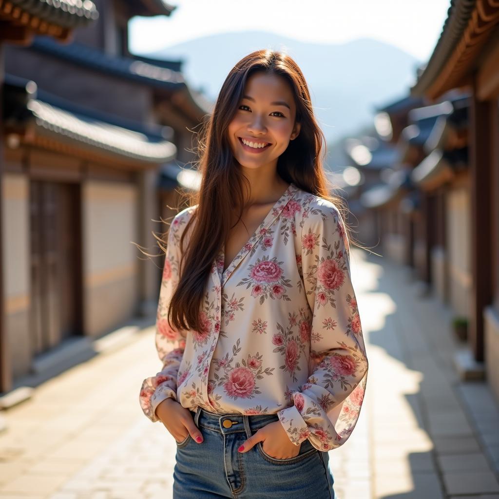 ao dai tay hoa tiet di lang co bukchon dep