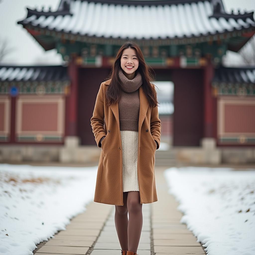 Áo dạ tweed chân váy len du lịch Hàn Quốc tháng 12 ấm áp