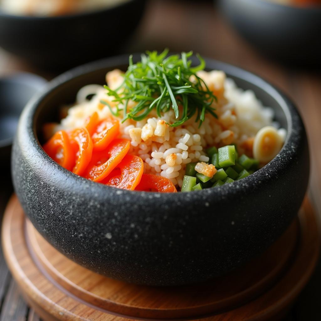 Bát đá Dolsot cơm trộn Hàn Quốc nóng hổi, hấp dẫn với lớp cháy xém đặc trưng