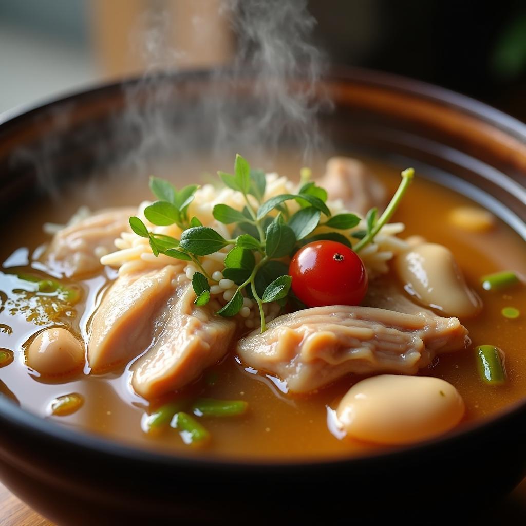 Các món ăn Hàn Quốc tháng 2, ảnh chụp cận cảnh món gà tần sâm nóng hổi (Samgyetang).