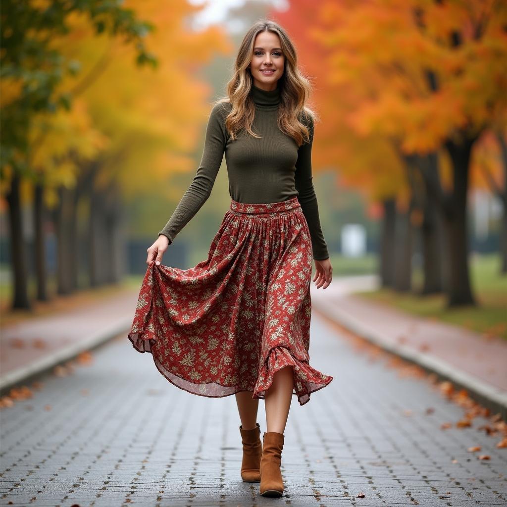 Chân váy midi phong cách du lịch Hàn Quốc