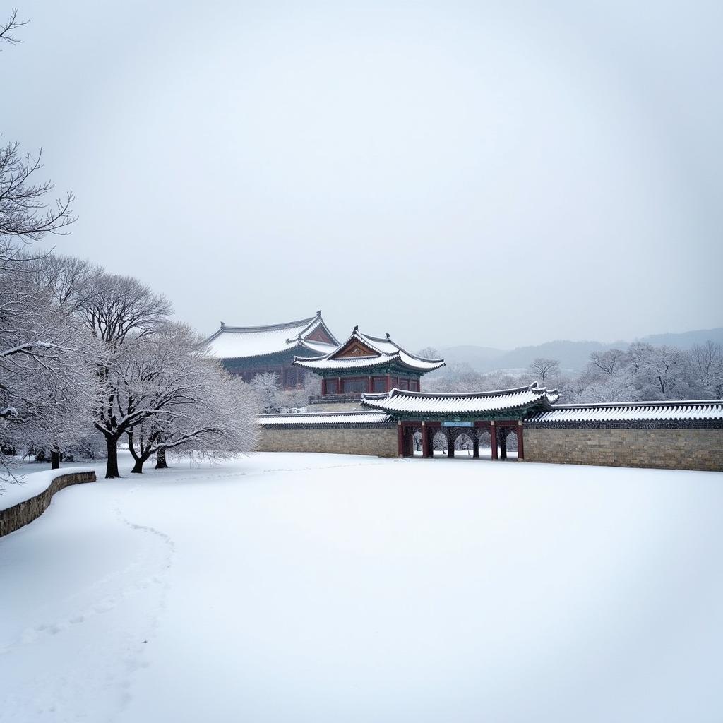Cung điện Gyeongbokgung Seoul mùa đông tuyết phủ