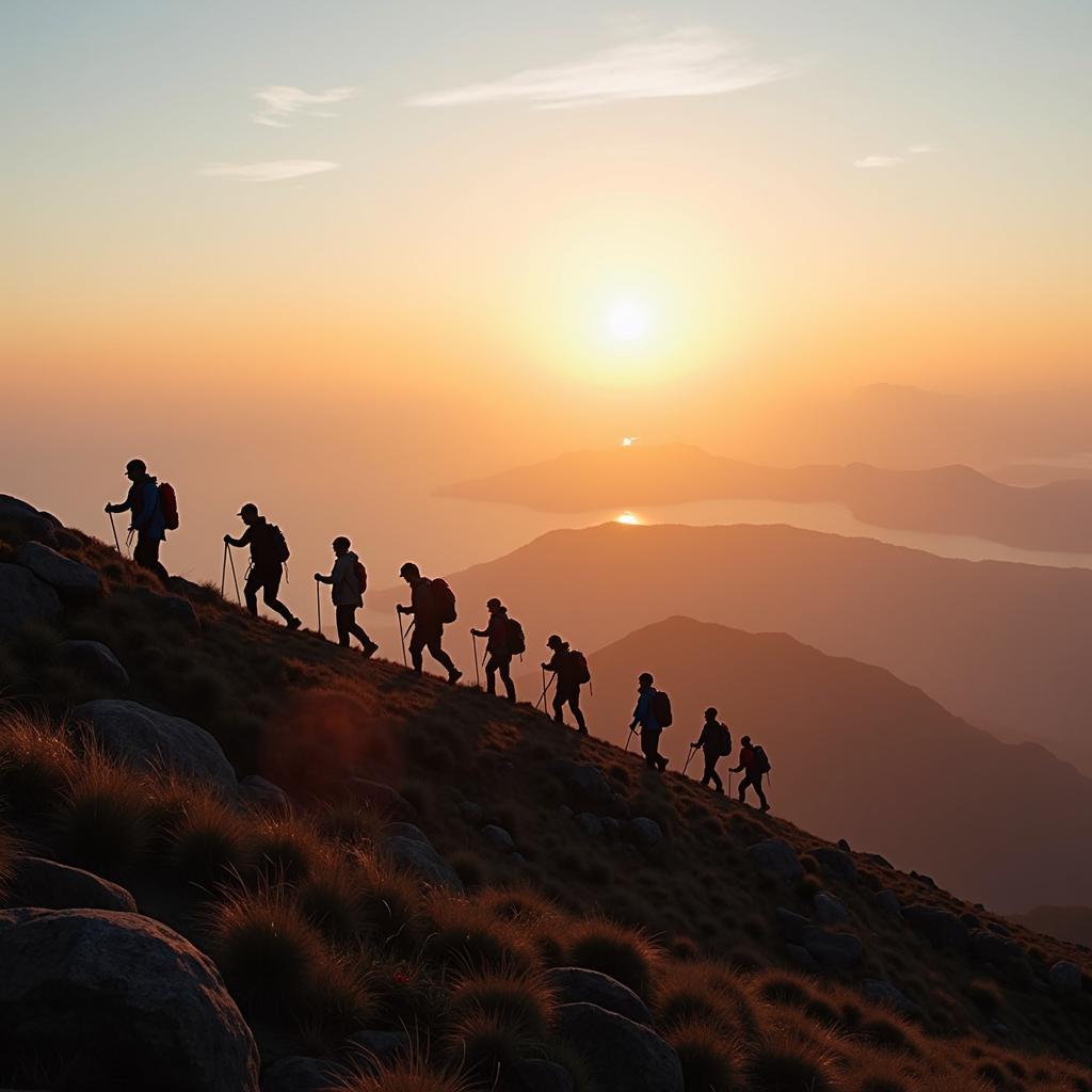 Du khách leo núi Đỉnh Nhật Xuất Seongsan trên đảo Jeju vào buổi sáng sớm