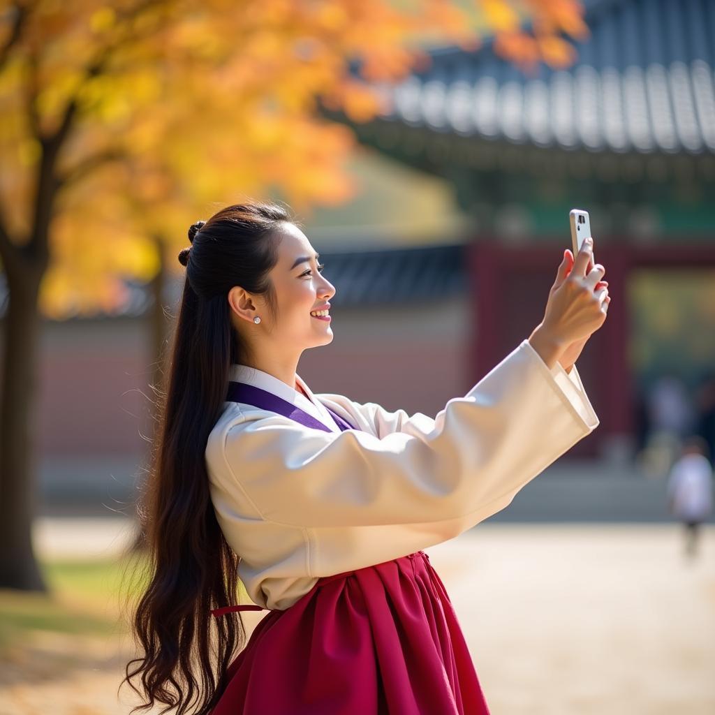 Khách du lịch mặc hanbok chụp ảnh tại Cung Gyeongbokgung Hàn Quốc tháng 9 với lá vàng