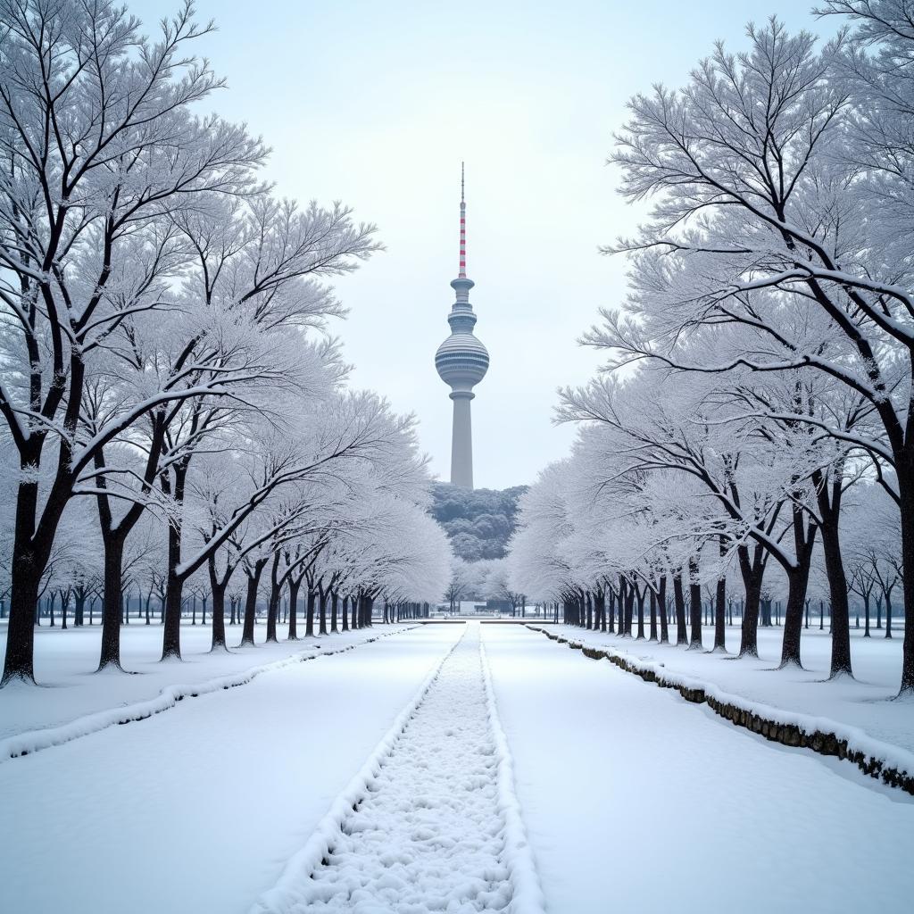 Du lịch Hàn Quốc tháng 2 thời tiết, khung cảnh tuyết rơi lãng mạn tại công viên Namsan Seoul.