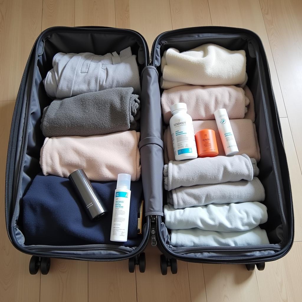 Hành lý chuẩn bị cho chuyến du lịch thẩm mỹ Hàn Quốc, bao gồm quần áo thoải mái, thuốc men, mỹ phẩm