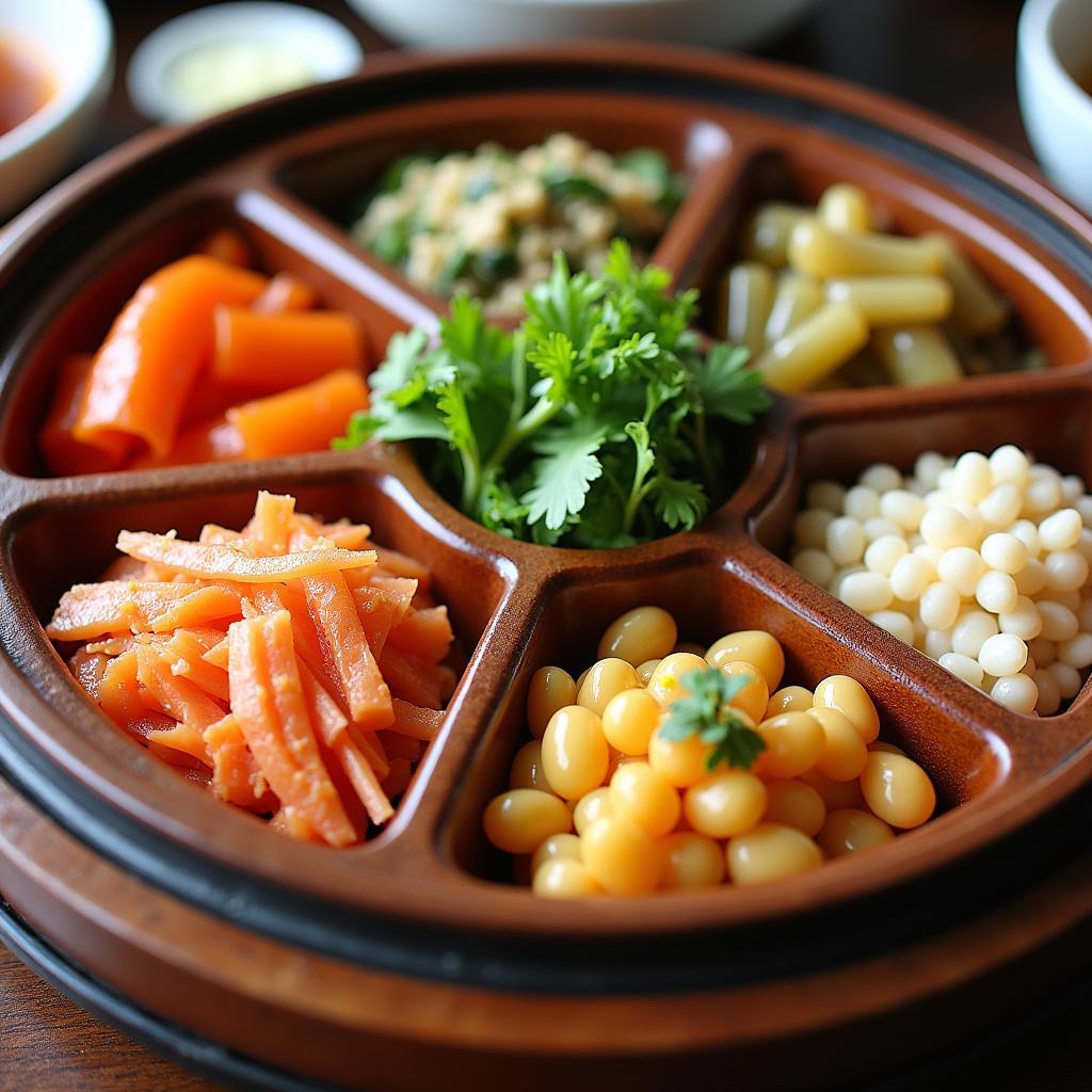 Khay đựng Banchan nhiều ngăn Hàn Quốc với các món ăn kèm đầy màu sắc và hấp dẫn