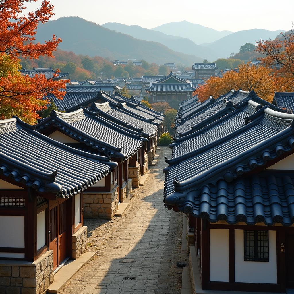 Ngôi làng Bukchon Hanok ở Seoul vào mùa thu với những mái nhà truyền thống