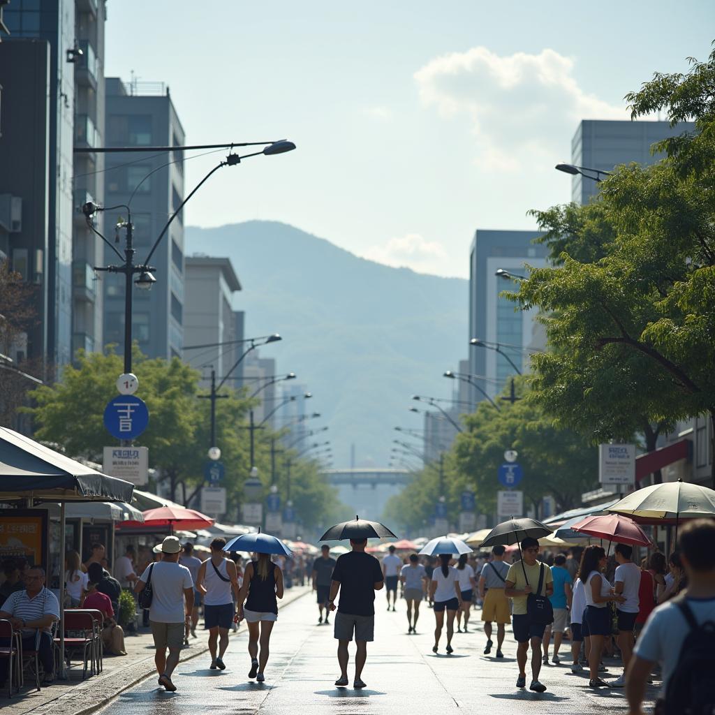 Thời tiết Hàn Quốc tháng 8 nóng ẩm, chuẩn bị quần áo thoáng mát và ô dù